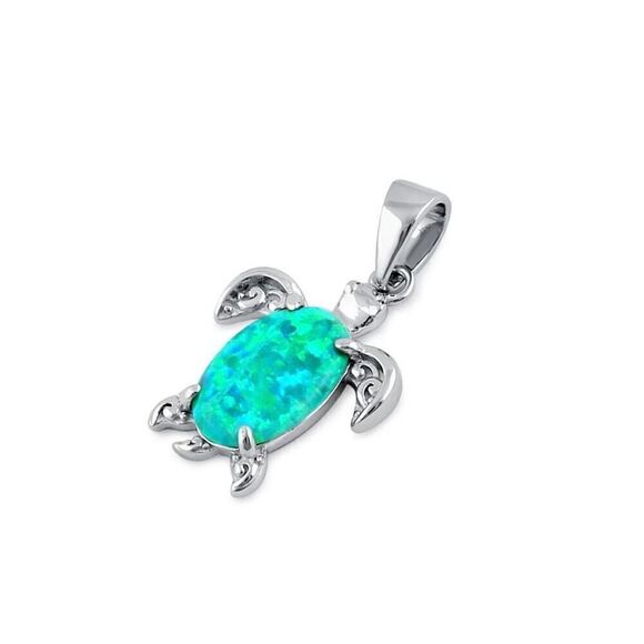 Sterling Silver Green Lab Opal Filigree Sea Turtle Necklace Bracelet Pendant - Picture 1 of 4